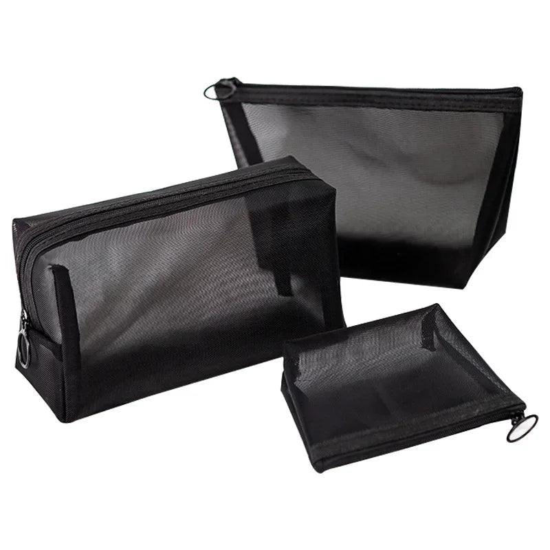 Bolsa de maquillaje de malla negra para mujer, bolsa de cosméticos transparente, pequeña y grande