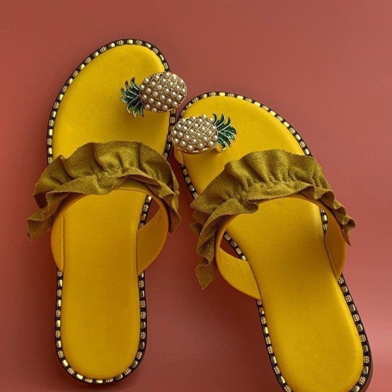 Sandalias de playa con punta plana y diseño de perla de piña para mujer