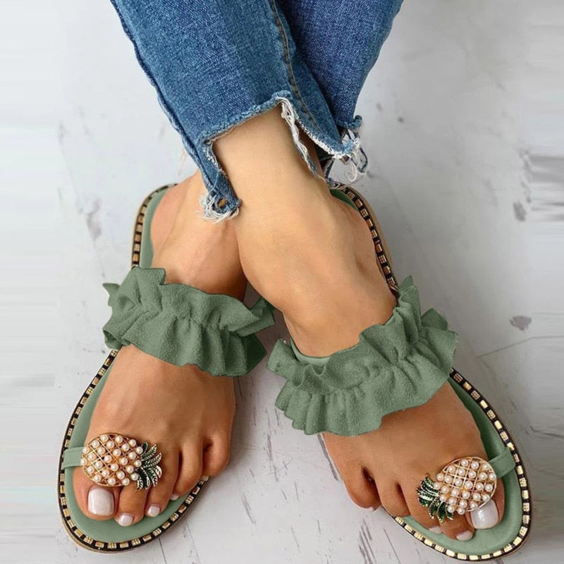 Sandalias de playa con punta plana y diseño de perla de piña para mujer