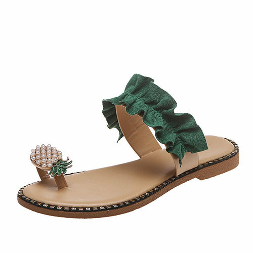 Sandalias de playa con punta plana y diseño de perla de piña para mujer