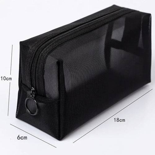 Bolsa de maquillaje de malla negra para mujer, bolsa de cosméticos transparente, pequeña y grande