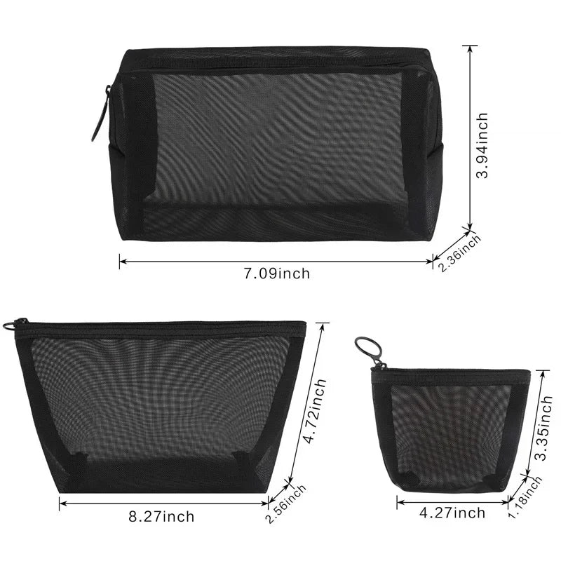 Bolsa de maquillaje de malla negra para mujer, bolsa de cosméticos transparente, pequeña y grande