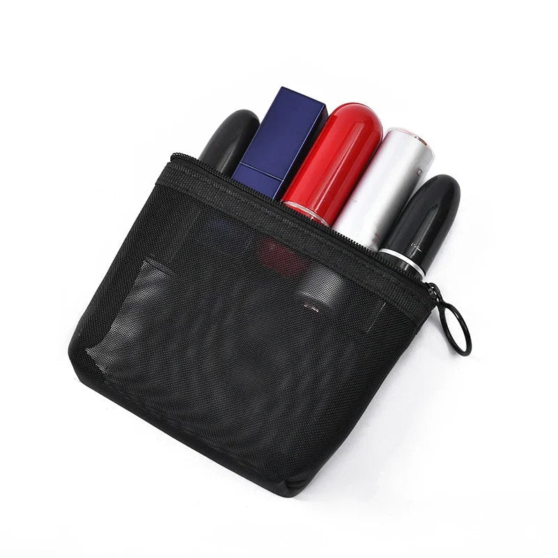 Bolsa de maquillaje de malla negra para mujer, bolsa de cosméticos transparente, pequeña y grande