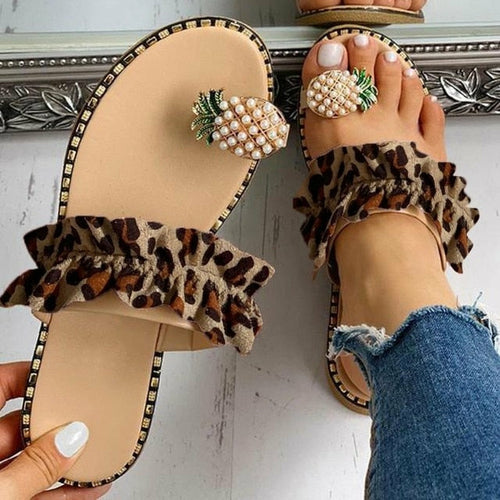 Sandalias de playa con punta plana y diseño de perla de piña para mujer
