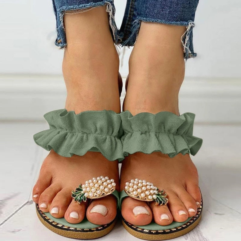 Sandalias de playa con punta plana y diseño de perla de piña para mujer