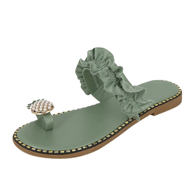 Sandalias de playa con punta plana y diseño de perla de piña para mujer