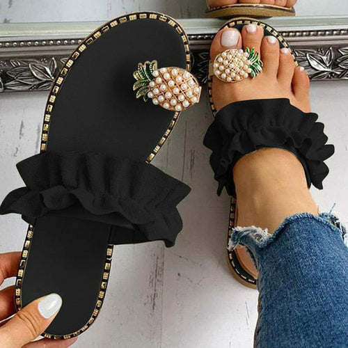 Sandalias de playa con punta plana y diseño de perla de piña para mujer