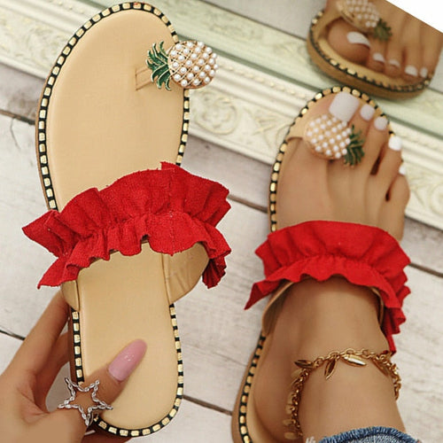 Sandalias de playa con punta plana y diseño de perla de piña para mujer