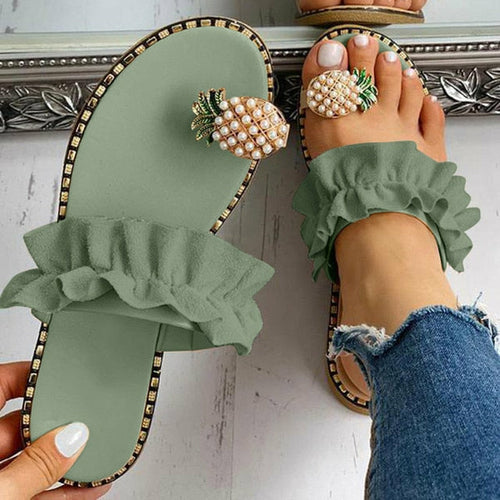 Sandalias de playa con punta plana y diseño de perla de piña para mujer