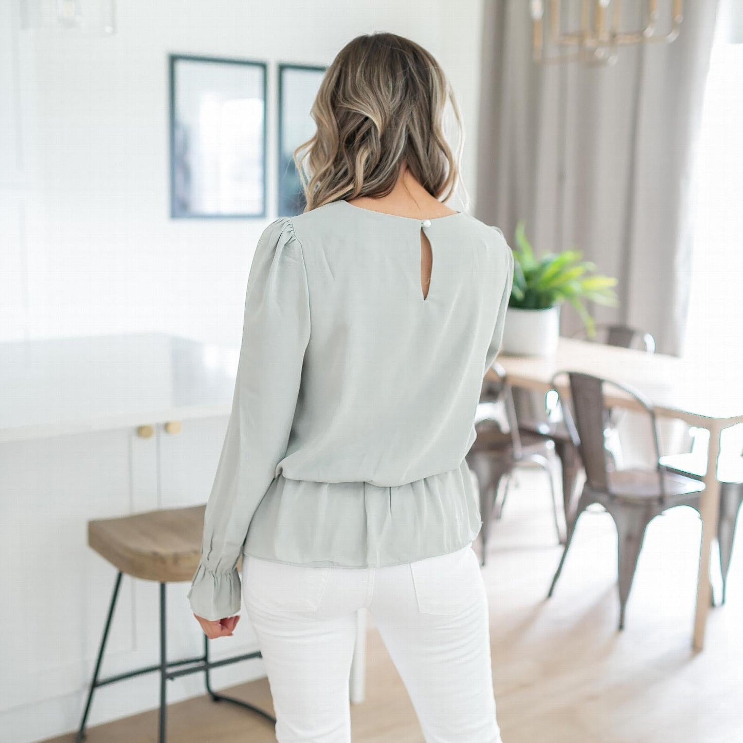 Chemisier à manches bouffantes en laine tissée couleur pêche