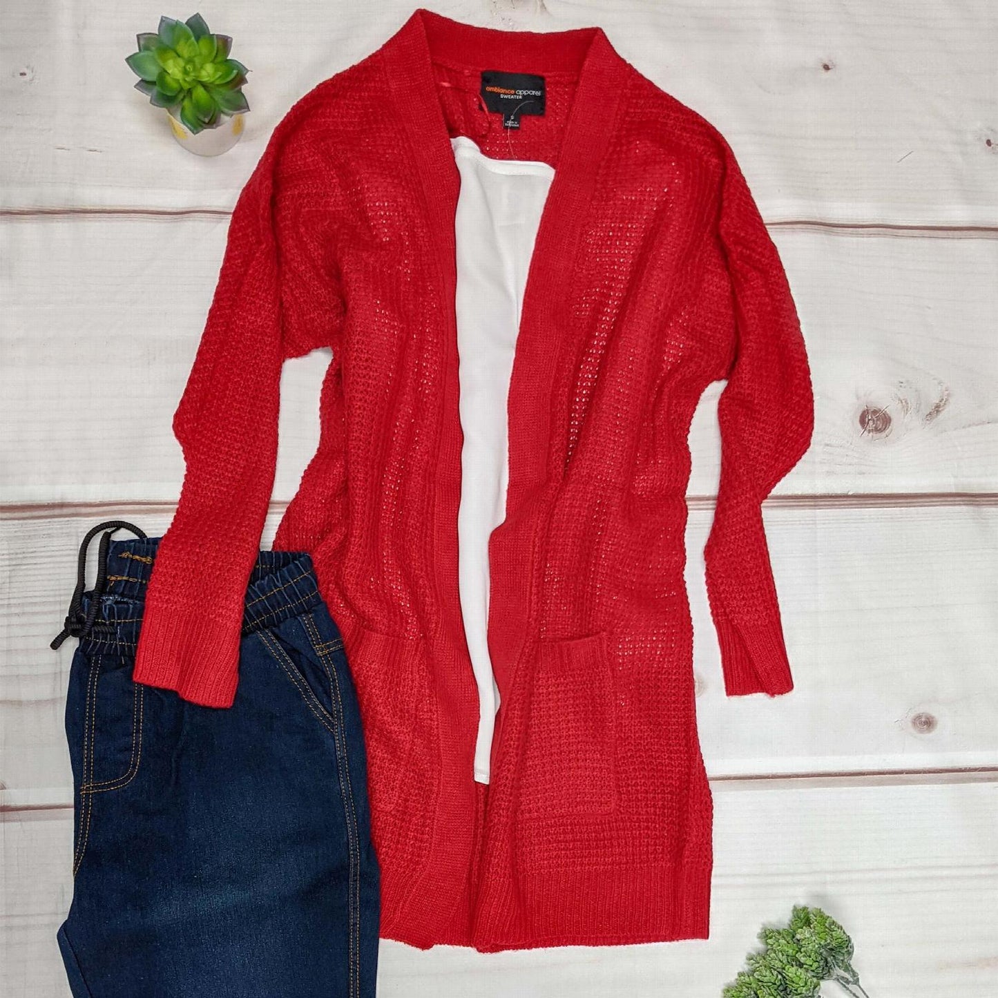 Pull cardigan ouvert à manches longues et poches en tricot gaufré
