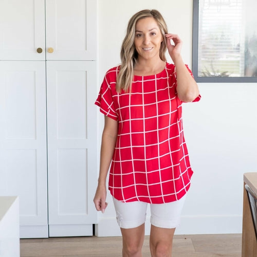 Woven Wool Peach Windowpane Rolled Sleeve Top