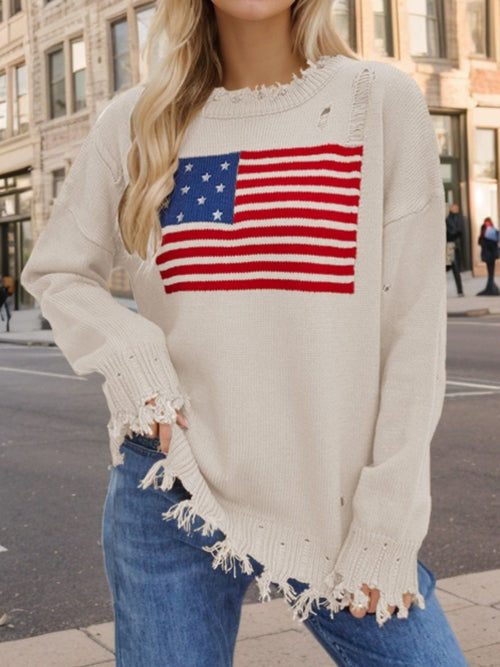 Suéter de manga larga con cuello redondo desgastado y bandera de EE. UU.