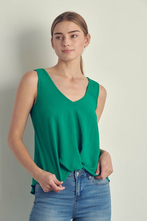 V-neck sleeveless knotted front hi-low top