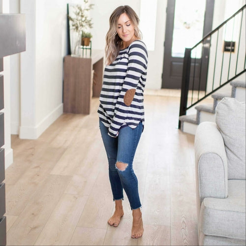 Striped Long Sleeve Boat Neck Top Elbow Patch
