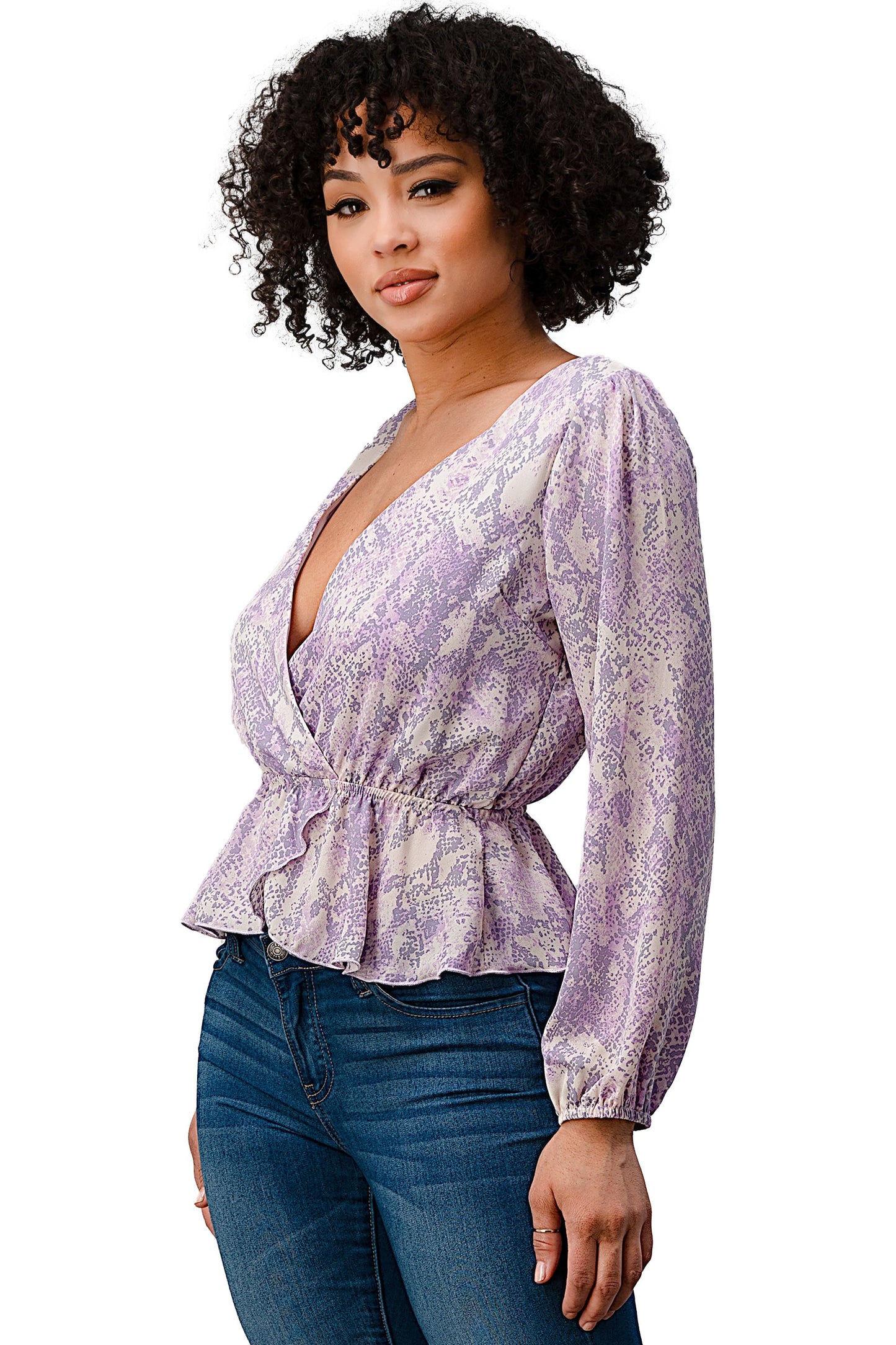 Blusa con dobladillo peplum y sobrepelliz estampada