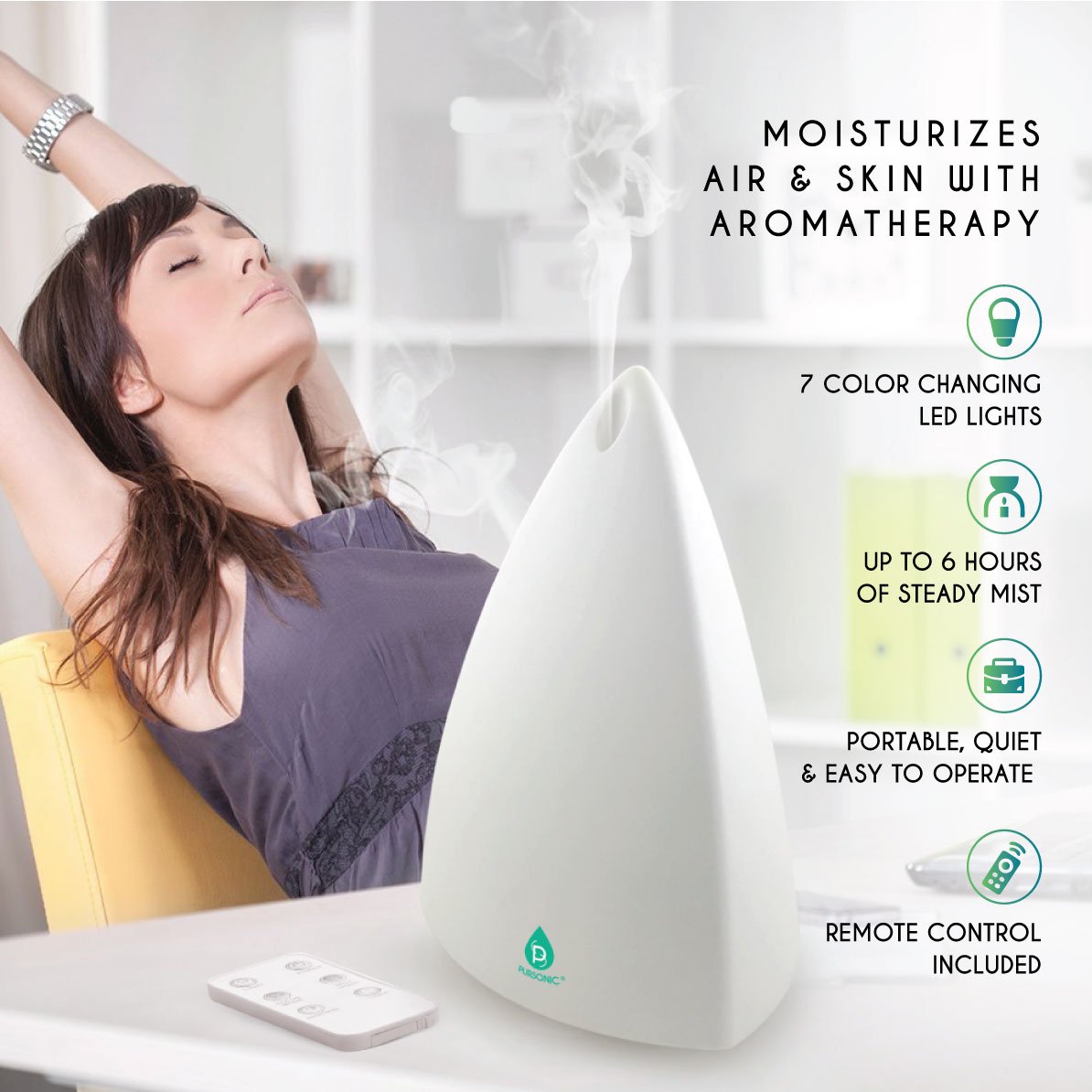 Difusor de aromaterapia Pursonic y set de aceites esenciales - Ultrasónico Top 3