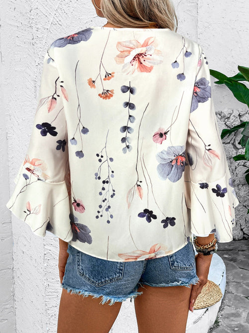 Blusa de media manga con escote en V, estampado con volantes color miel