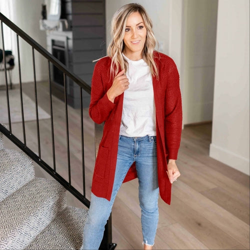 Pull cardigan ouvert à manches longues et poches en tricot gaufré