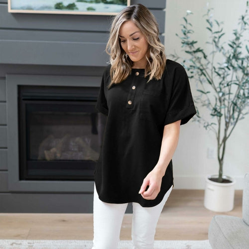 Woven Heavy Span Dobby Button Front Pocket Top