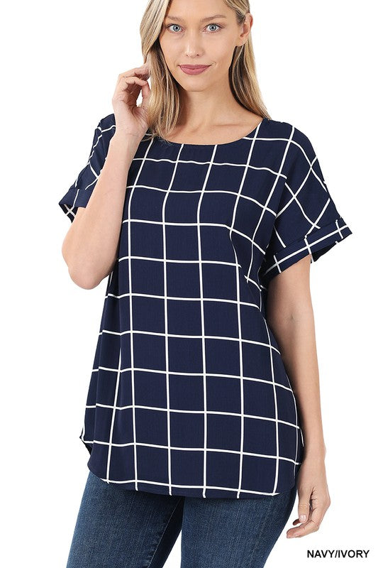 Woven Wool Peach Windowpane Rolled Sleeve Top