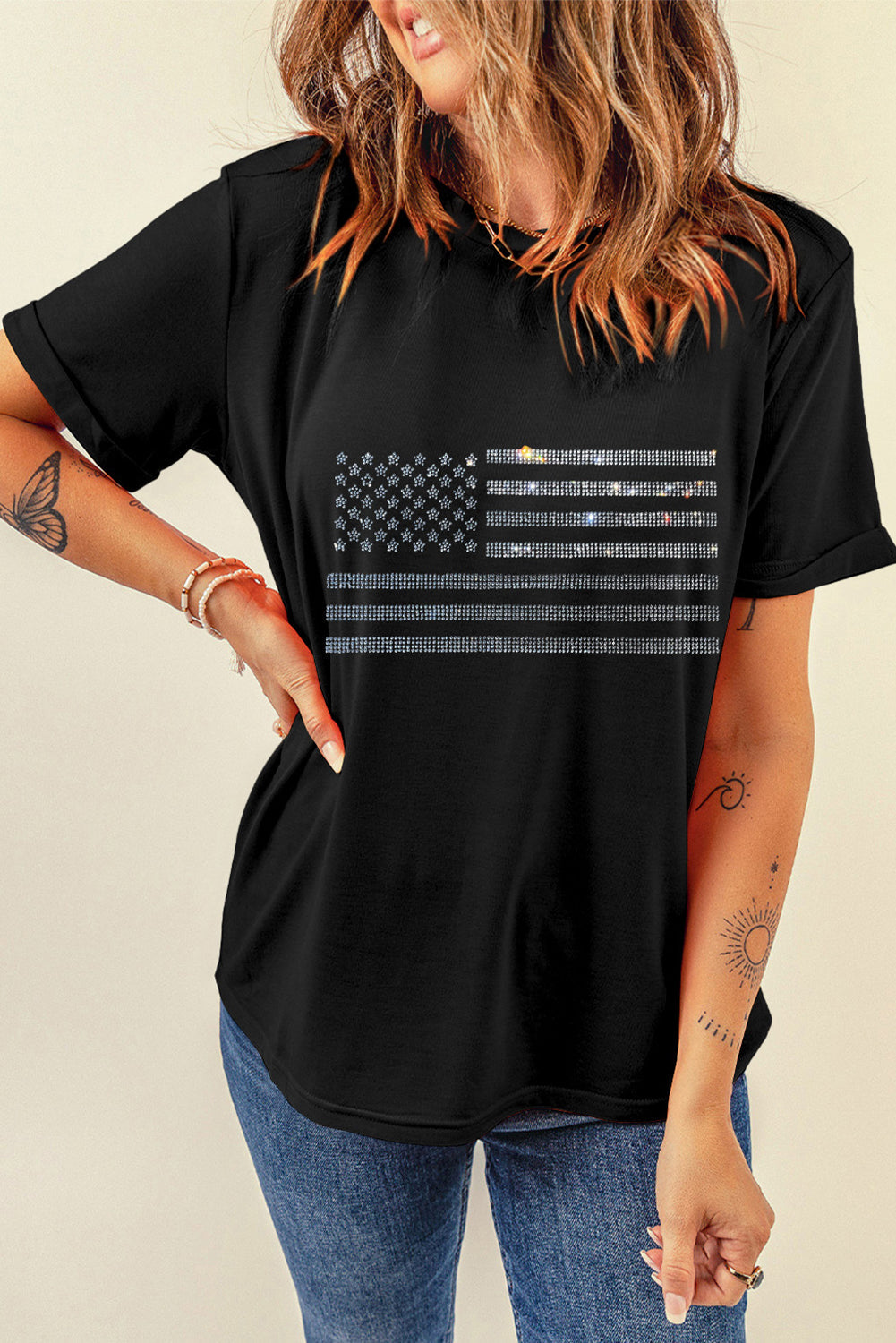 Camiseta de manga corta con cuello redondo y bandera estadounidense con diamantes de imitación
