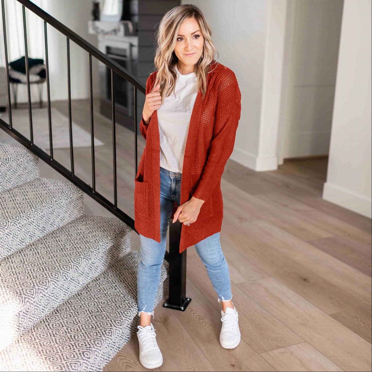 Pull cardigan ouvert à manches longues et poches en tricot gaufré