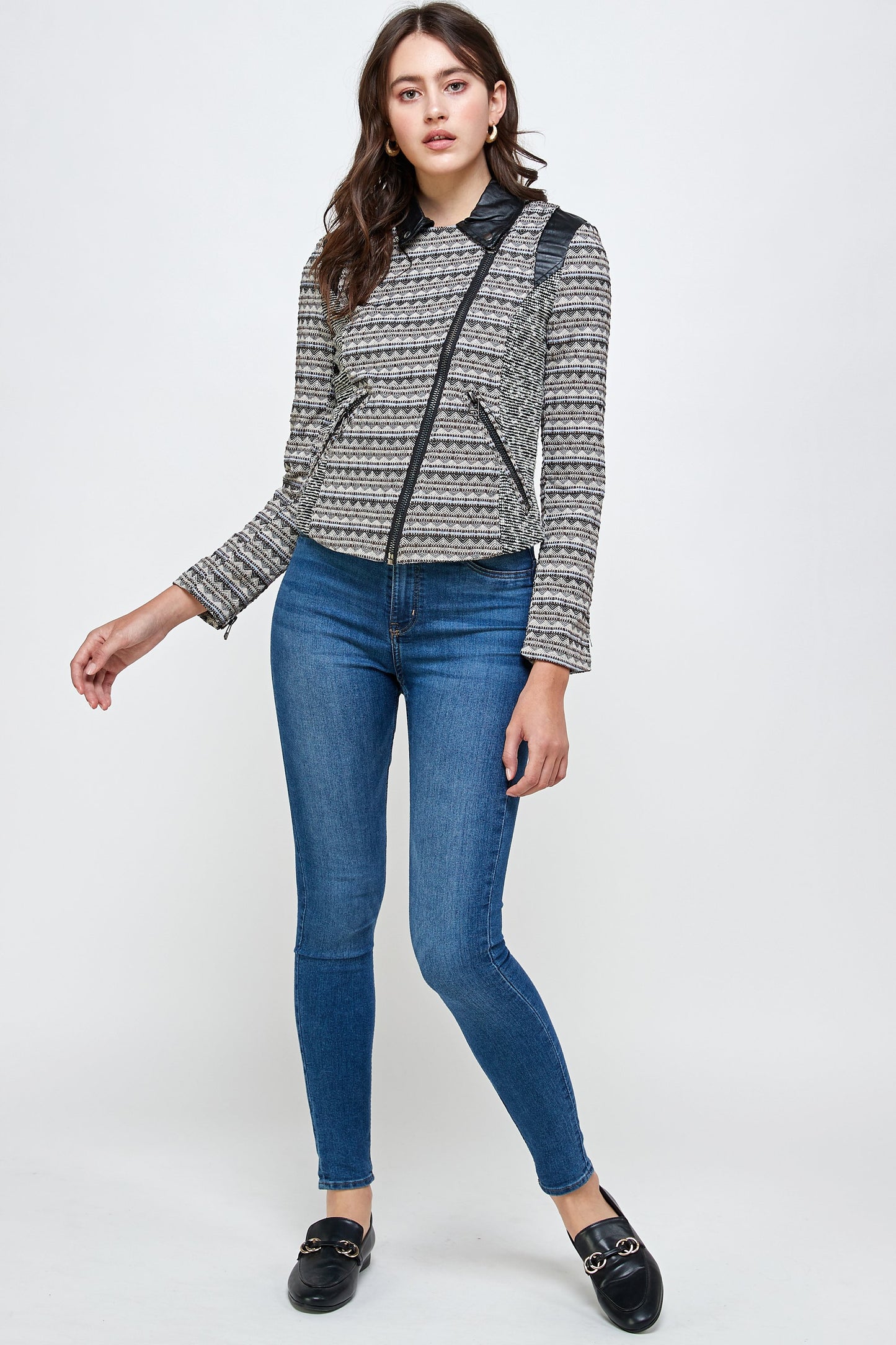 Textured Knit Jacket with Faux Leather Accents
