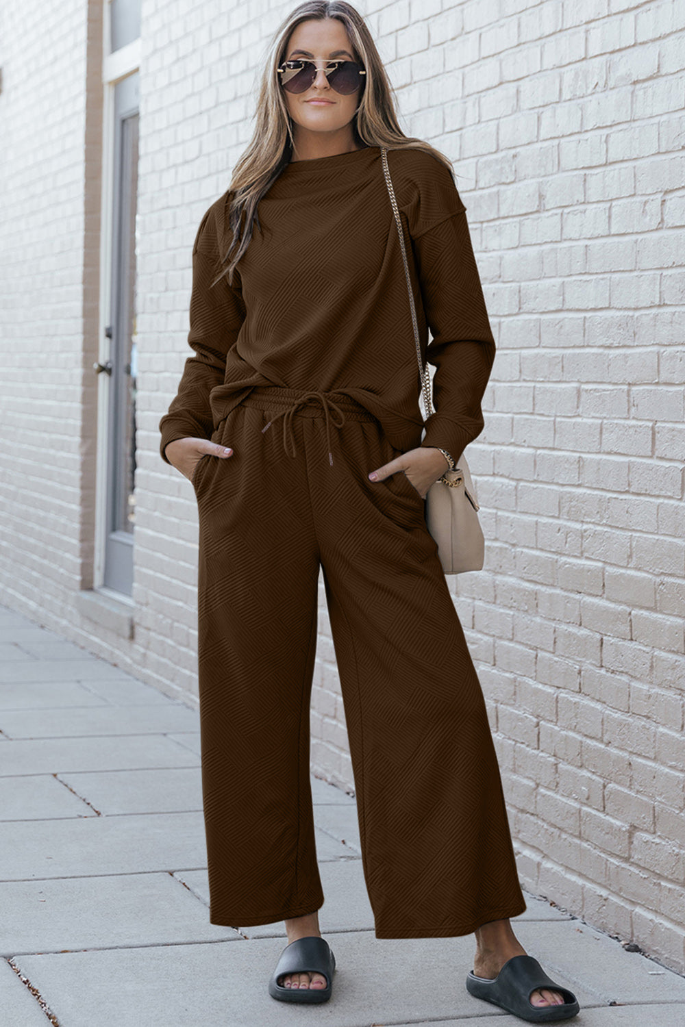 Double Take Full Size Textured Long Sleeve Top and Drawstring Pants