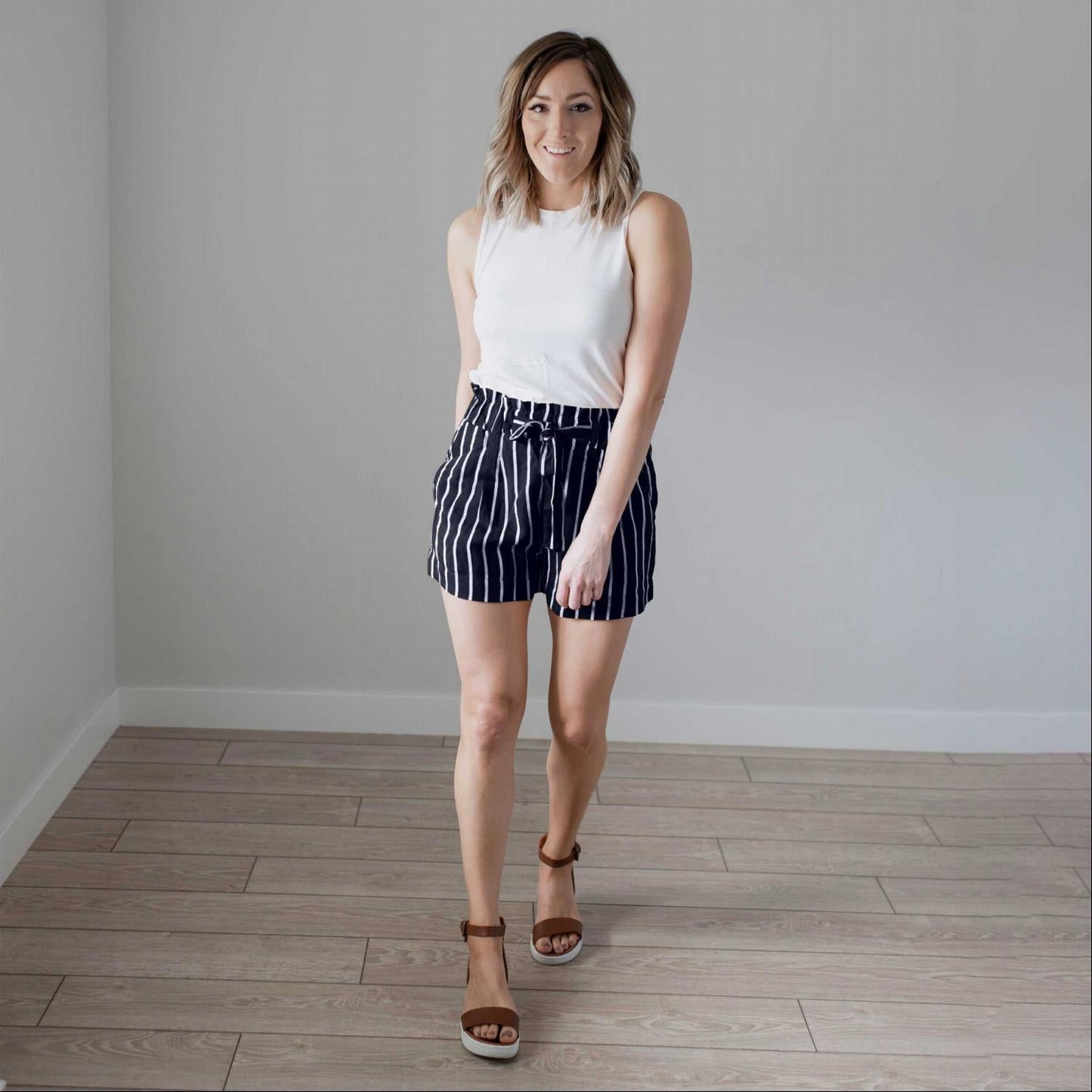 Striped Tie Front Paperbag Shorts