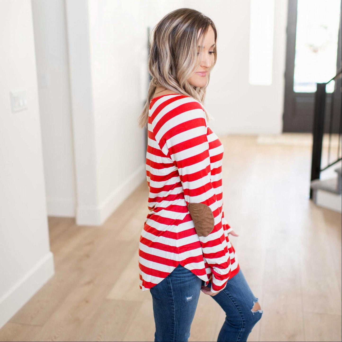 Striped Long Sleeve Boat Neck Top Elbow Patch