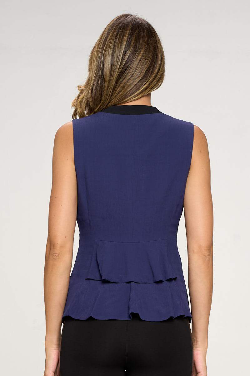 Gilet blazer sans manches à un bouton avec revers contrastés