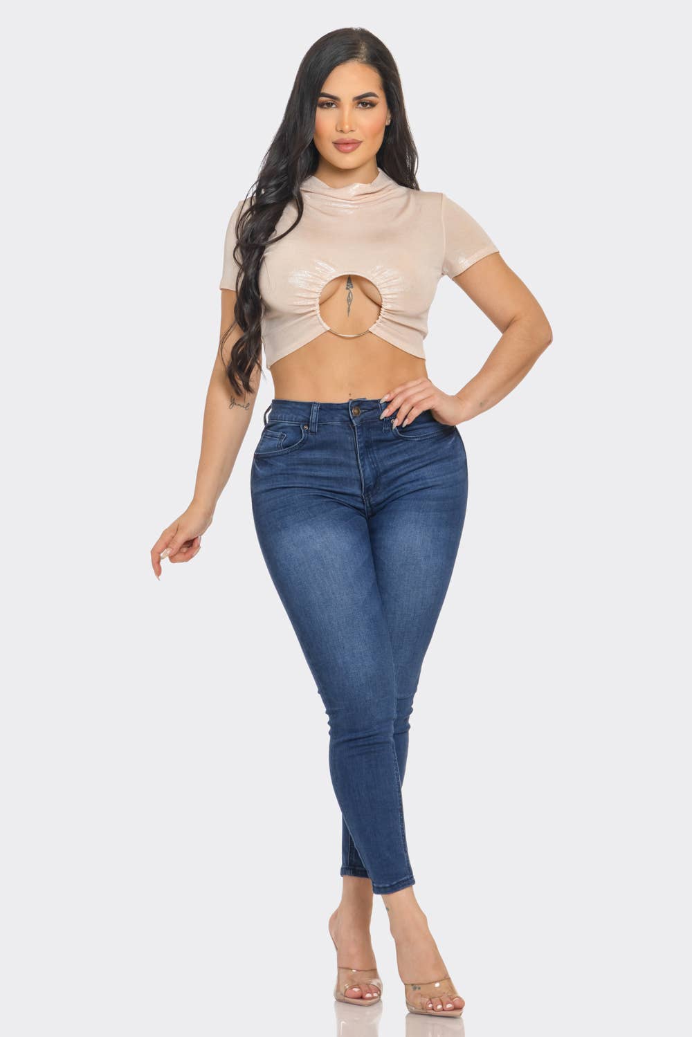 Slinky Foil Front O-Ring Cut Out Shirring Top