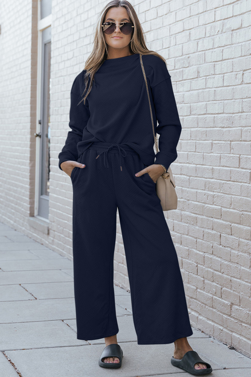 Double Take Full Size Textured Long Sleeve Top and Drawstring Pants