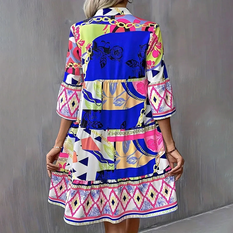 Vestido corto informal de mujer con escote en V, estampado, mangas acampanadas, plisado, para playa