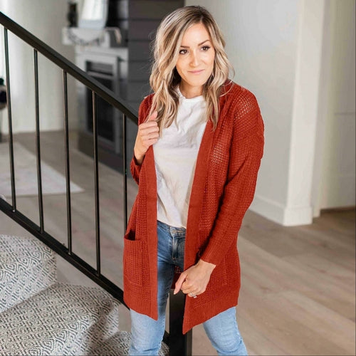 Pull cardigan ouvert à manches longues et poches en tricot gaufré