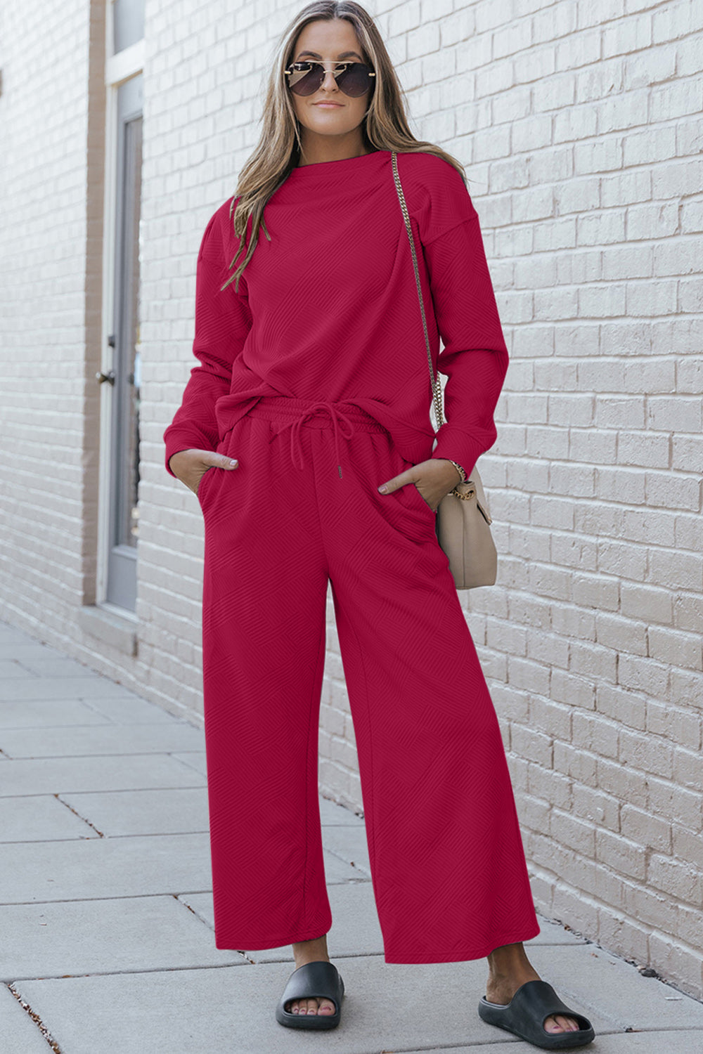 Double Take Full Size Textured Long Sleeve Top and Drawstring Pants