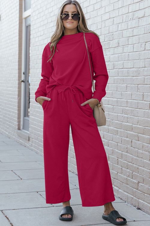 Double Take Full Size Textured Long Sleeve Top and Drawstring Pants