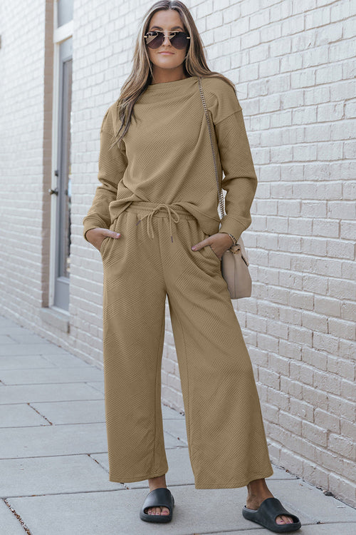 Double Take Full Size Textured Long Sleeve Top and Drawstring Pants