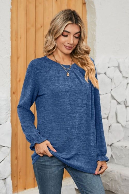 Camiseta fruncida con cuello redondo y mangas con volantes