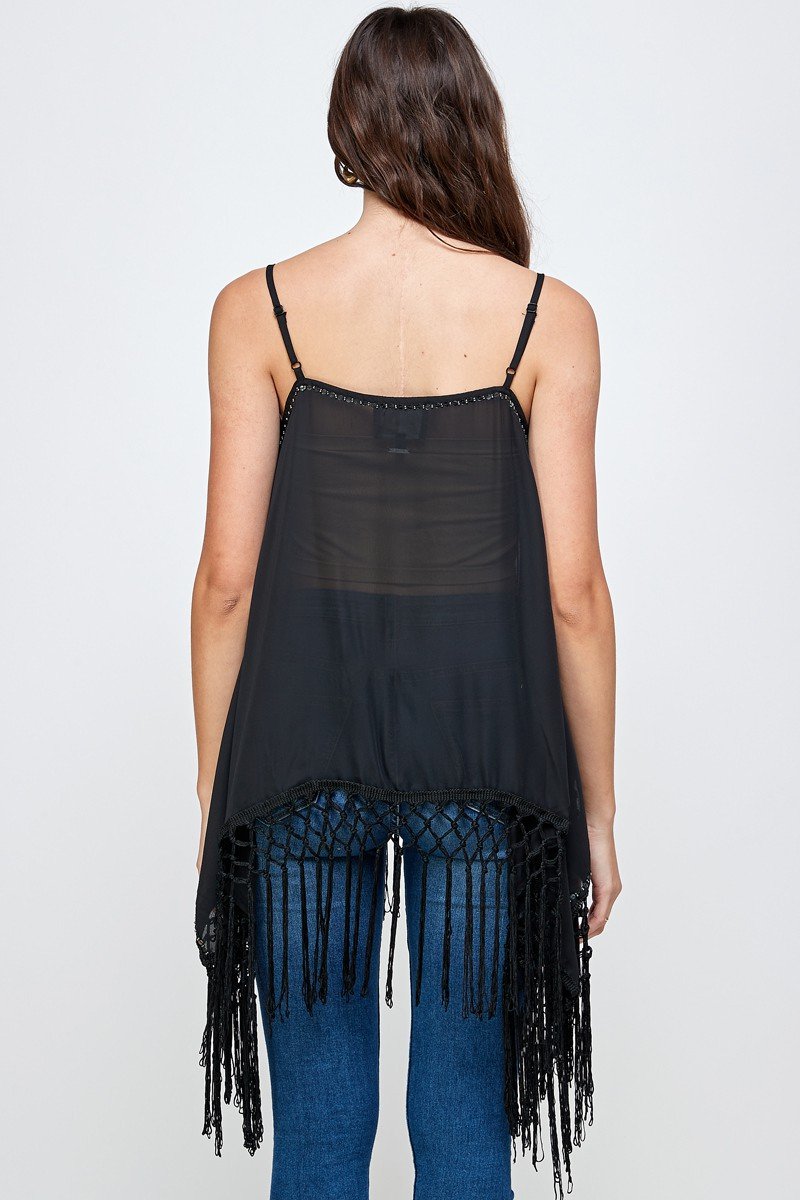 Embellished Fringe Hem Spaghetti Strap Top