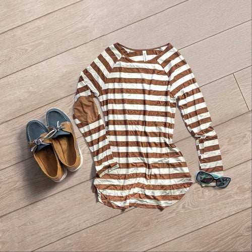 Striped Long Sleeve Boat Neck Top Elbow Patch