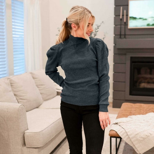 Pull à manches bouffantes et col montant pour femme