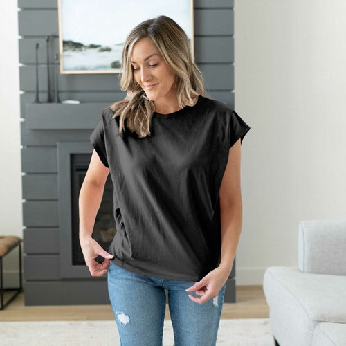 Cotton Round Neck Pleated Shoulder Top