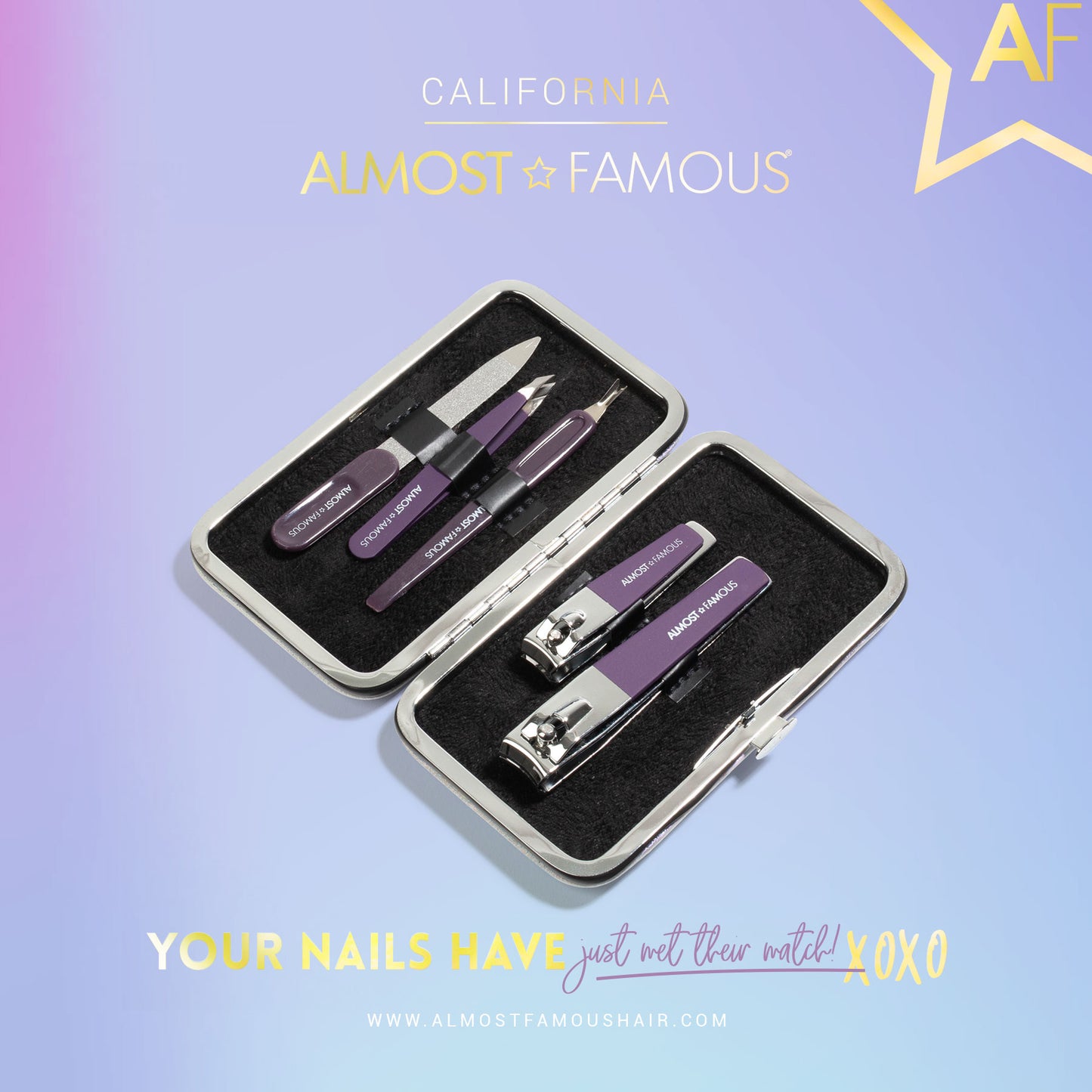 Kit de manucure Almost Famous avec étui de voyage holographique argenté