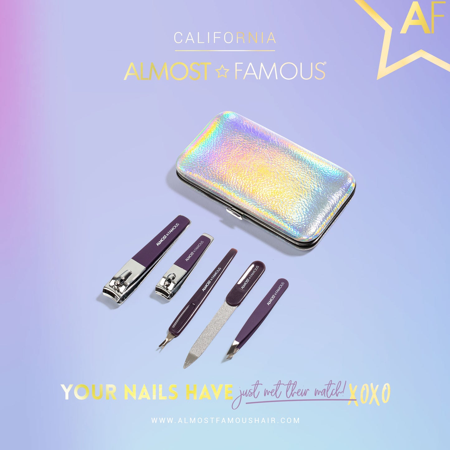 Kit de manucure Almost Famous avec étui de voyage holographique argenté