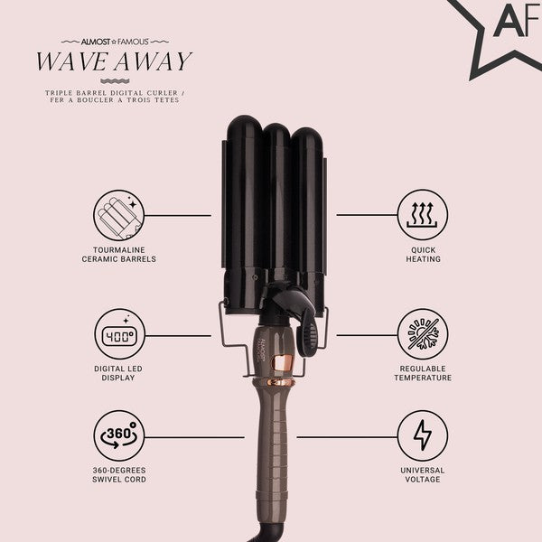 Fer à boucler triple Wave Away avec barils en céramique tourmaline