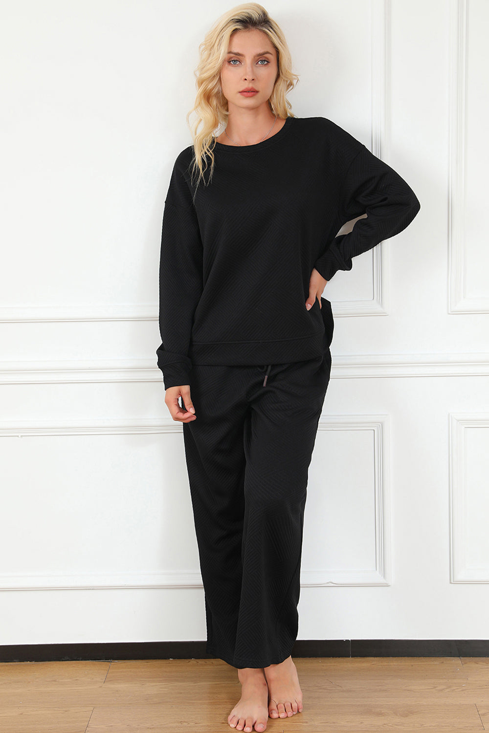 Double Take Full Size Textured Long Sleeve Top and Drawstring Pants