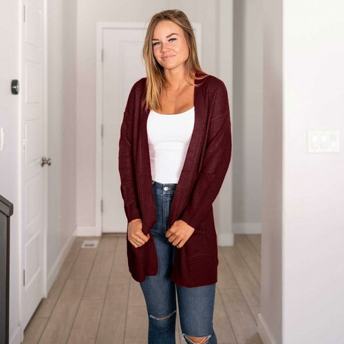 Pull cardigan ouvert à manches longues et poches en tricot gaufré