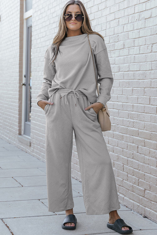 Double Take Full Size Textured Long Sleeve Top and Drawstring Pants